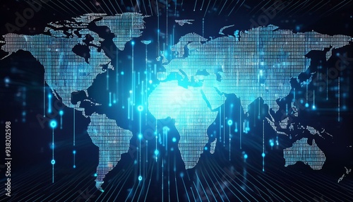 Futuristic Binary Coding and Data Processing Over Illuminated World Map Background