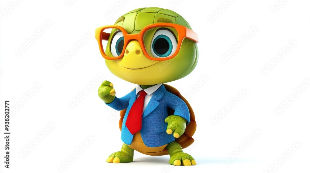 A turtle wearing glasses and a suit is smiling