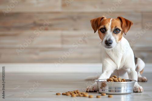 Cute dog sitting with bowl of dry food at home. photo