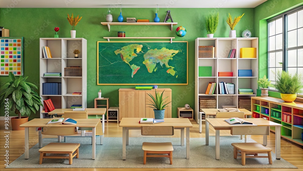 Colorful classroom background with chalkboard, green board, and ...