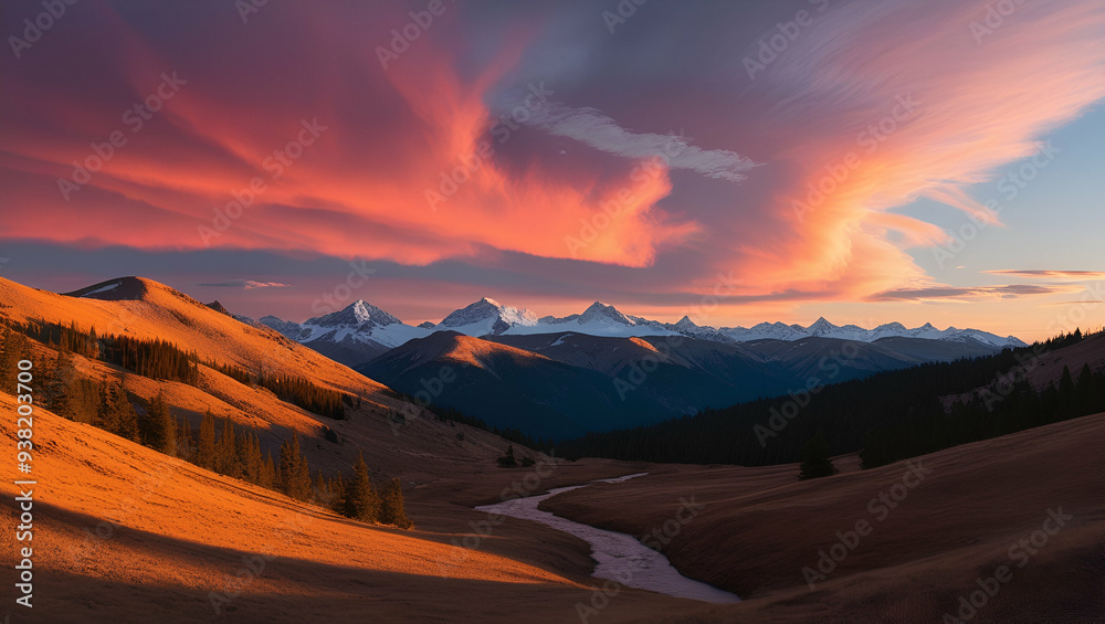 Naklejka premium Panoramic view of colorful sunrise in mountains, Generative AI