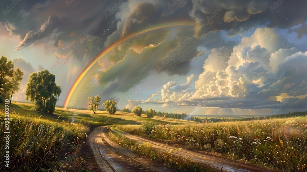 Panorama of country road leading towards a rainbow Panorama of country road leading towards a rainbow