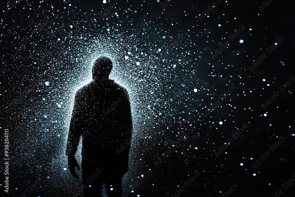 Silhouette of person in snowfall at night. Silhouette of person in snowfall at night.