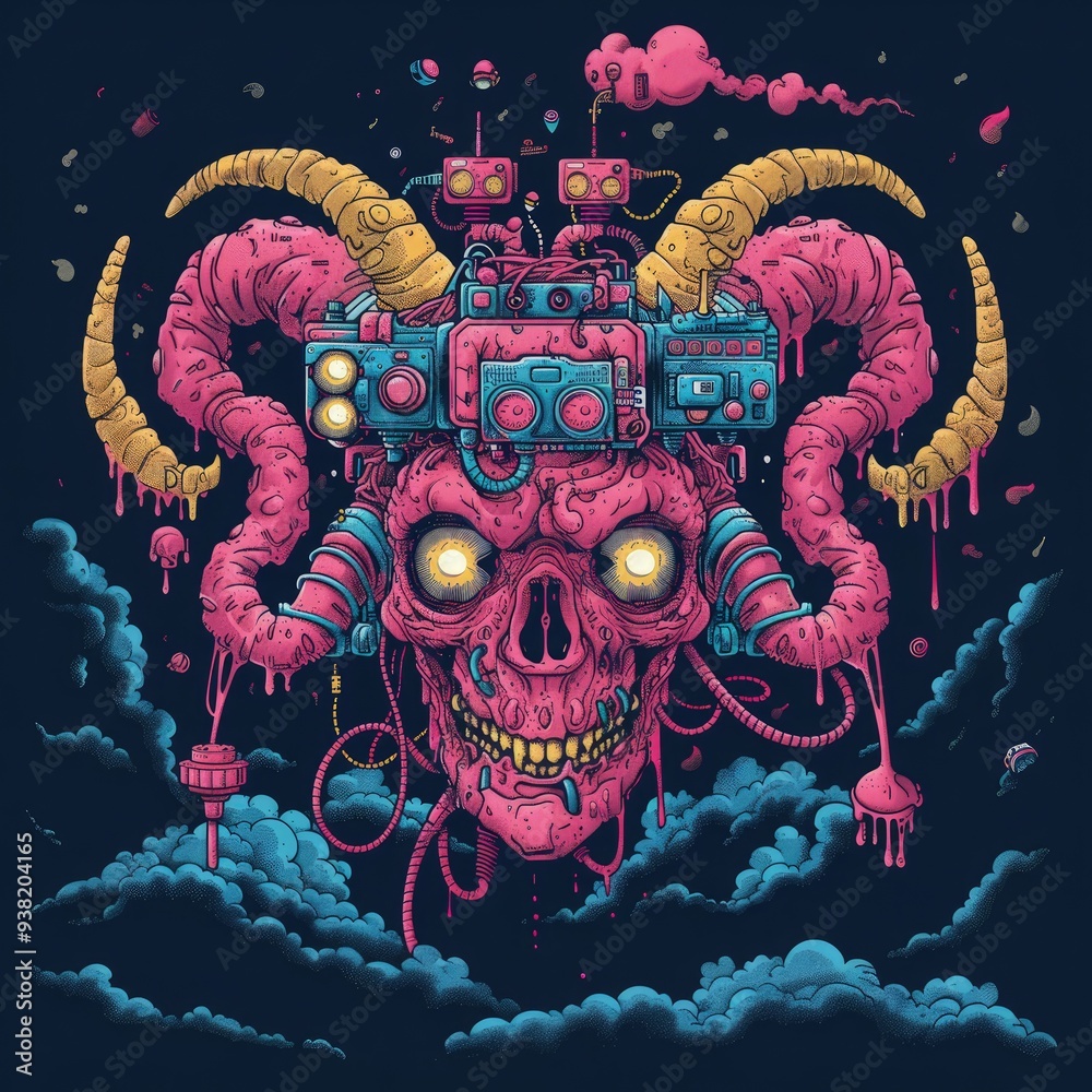 Obraz premium hand drawn monster illustration for full print t-shirt design, outline style, hyper maximalism, heavy composition.