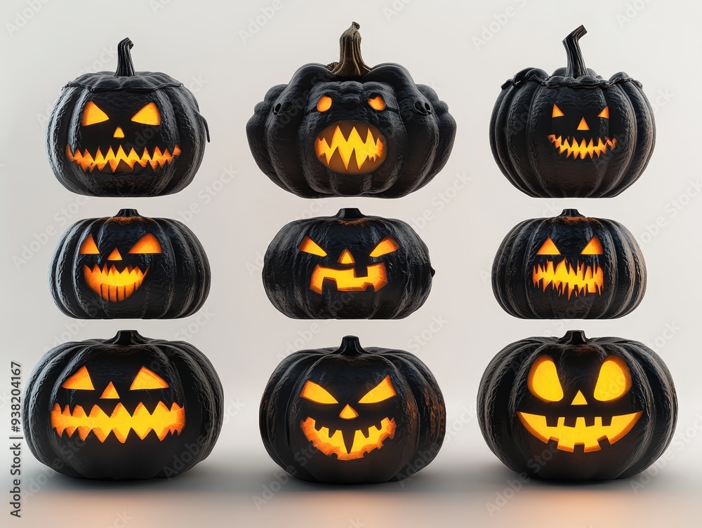 Glowing Black Pumpkins A Row of JackOLanterns with Different Expressions in a Minimalist Setting Glowing Black Pumpkins A Row of JackOLanterns with Different Expressions in a Minimalist Setting