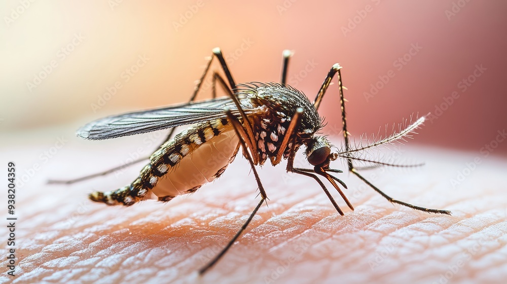 A CloseUp Macro of a Mosquito Drinking Blood on Human Skin with a Blurred Background A CloseUp Macro of a Mosquito Drinking Blood on Human Skin with a Blurred Background