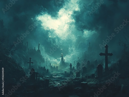 A haunting lowangle view of a graveyard under a stormy sky silhouetted crosses and tombstones stand in a misty field