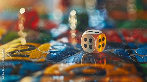 Parcheesi board game detail with dice and game piece horizontal