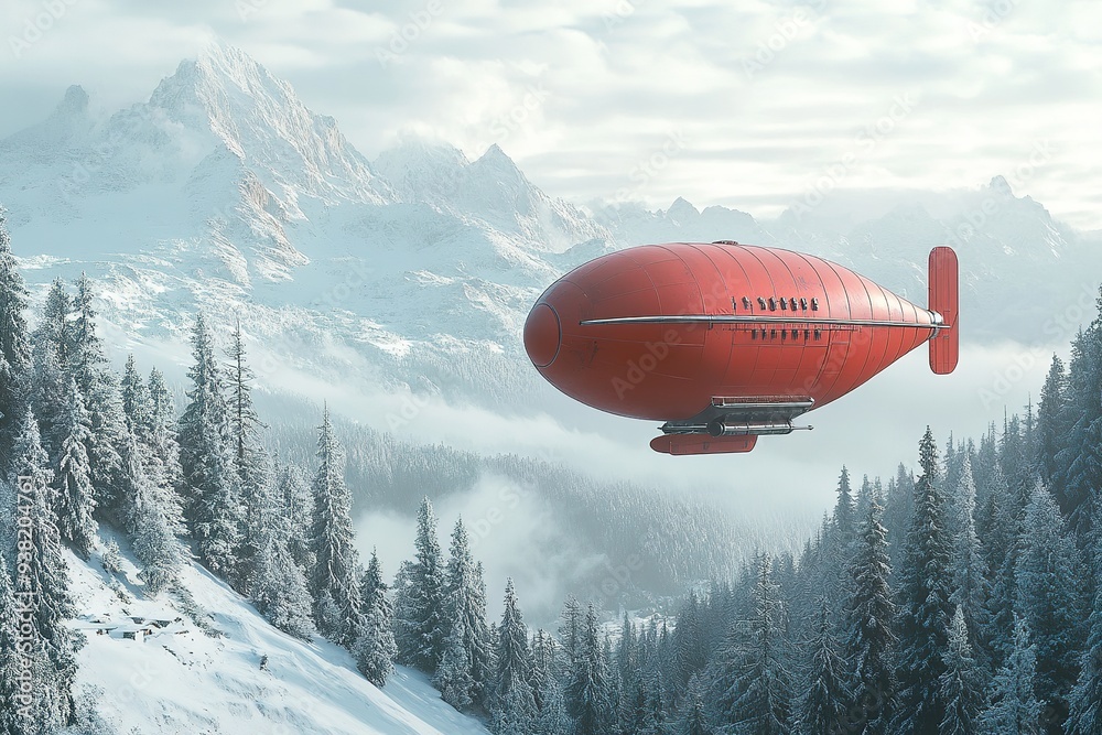 Red dirigible over snowy mountain forest in haze