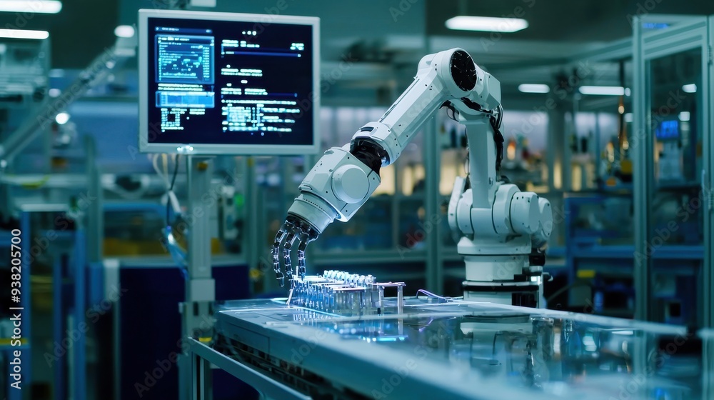 A robotic arm uses AI to assemble products with precision on a high-tech factory floor. Digital readouts of efficiency metrics and progress reports are visible in the background. A robotic arm uses AI to assemble products with precision on a high-tech factory floor. Digital readouts of efficiency metrics and progress reports are visible in the background.