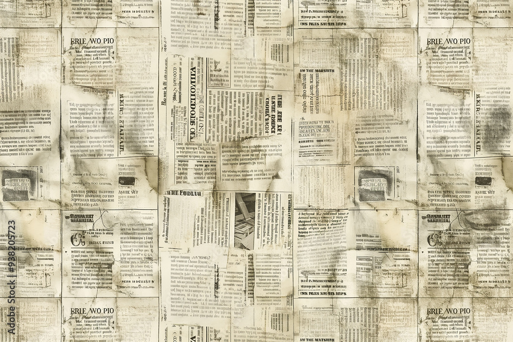 Obraz premium A seamless pattern with vintage newspaper texture, the background is filled with faded and distressed images of old newspapers, their text in various sizes and fonts