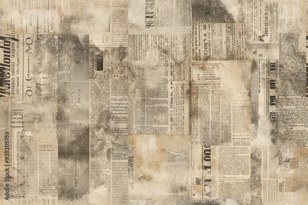 Obraz premium A seamless pattern with vintage newspaper texture, the background is filled with faded and distressed images of old newspapers, their text in various sizes and fonts