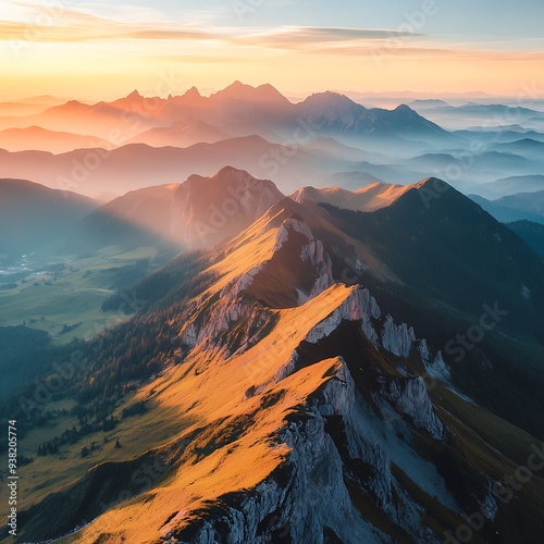 Mountain landscape showing a sunset and sunrise over snow-capped peaks with a panoramic view of the sky and clouds photo