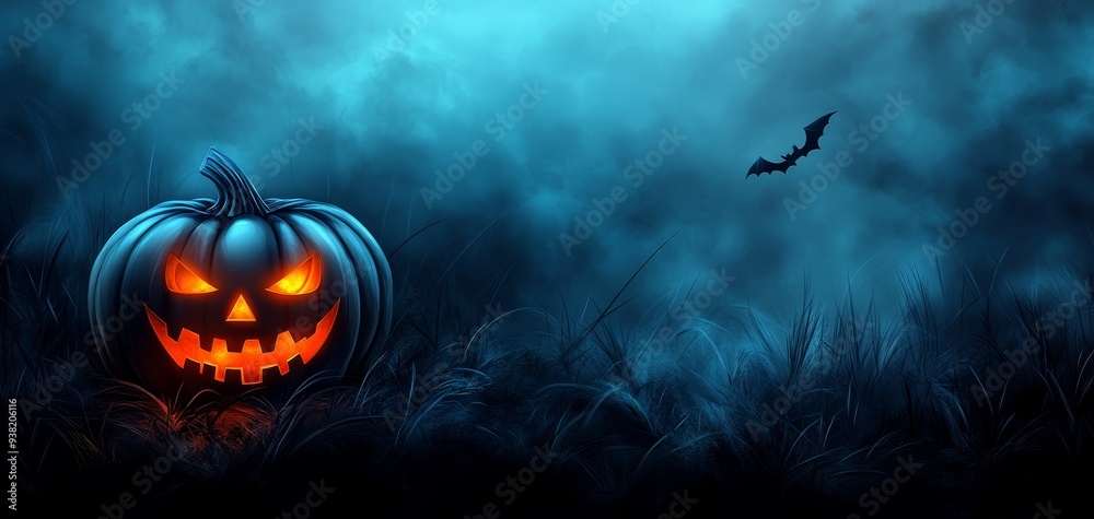 Eerie Glow A closeup of a glowing jackolantern amidst a dark foggy forest with a lone bat silhouetted in the distance Eerie Glow A closeup of a glowing jackolantern amidst a dark foggy forest with a lone bat silhouetted in the distance