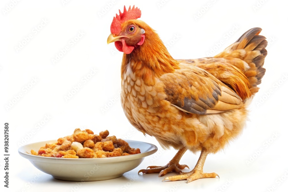 Fototapeta premium A curious brown chicken stands in front of a plate of chicken feed. It symbolizes hunger, appetite, farm animals, agriculture and the need to eat.