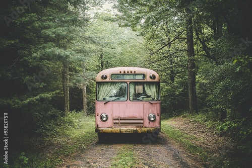 Old pink bus abandoned in lush green forest.