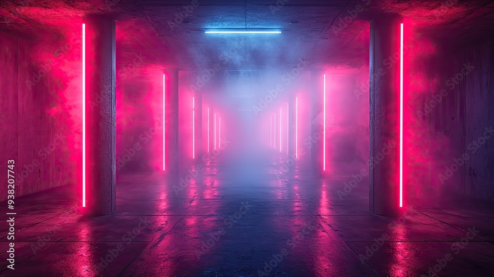 This is a retro-futuristic sci-fi hangar garage scene with neon lights, neon lasers, a glowing tunnel corridor with columns, and a concrete floor with metal columns in the background. This is a retro-futuristic sci-fi hangar garage scene with neon lights, neon lasers, a glowing tunnel corridor with columns, and a concrete floor with metal columns in the background.