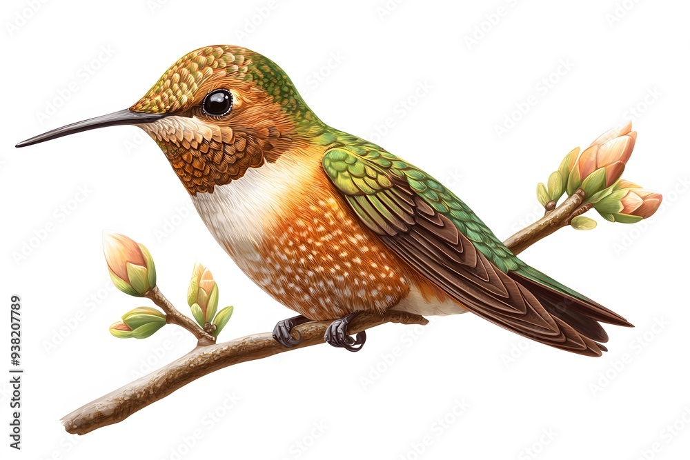 Obraz premium Bee Hummingbird Perched on a Branch, on a White Background, Realistic Photo, Standard Background, Wallpaper, Cover and Screen of Smartphone, Cell Phone, Computer, Laptop, 9:16 and 16:9 Format
