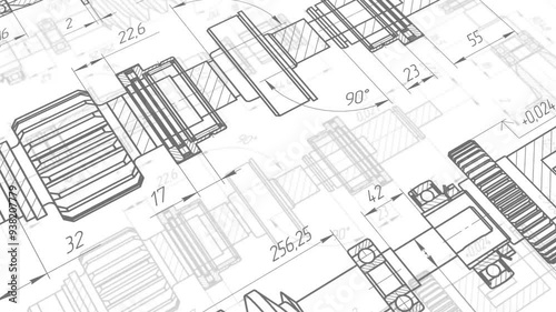 Technical drawing of gears .Mechanical Engineering background . Technology Banner. 