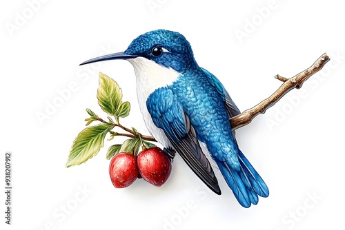 Bee Hummingbird Perched on a Branch, on a White Background, Realistic Photo, Standard Background, Wallpaper, Cover and Screen of Smartphone, Cell Phone, Computer, Laptop, 9:16 and 16:9 Format photo