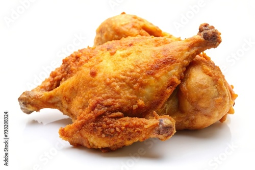 A close-up of a crispy fried chicken, showcasing its golden-brown exterior and delicious texture. The chicken is cooked to perfection, with juicy meat and a flavorful crust.