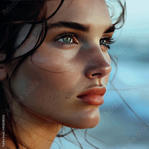 Face of an attractive female model with long dark hair, close-up, isolated, against the sea. Vector. Illustration for advertising summer holidays, tourist travel, vacation, modeling business.