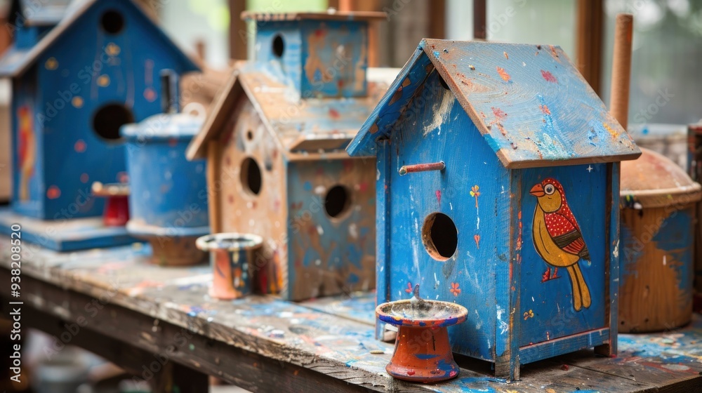 Colorful handmade wooden birdhouses on display, painted in vibrant blue with unique designs. Concept of DIY, crafts, birdwatching, and nature conservation. Colorful handmade wooden birdhouses on display, painted in vibrant blue with unique designs. Concept of DIY, crafts, birdwatching, and nature conservation.