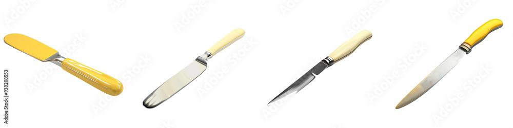 Fototapeta premium Collection of kitchen knives with wooden handles, perfect for culinary use and food preparation.