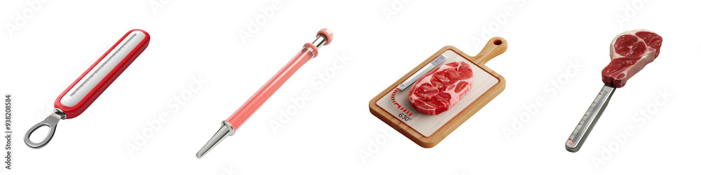 Collection of kitchen tools including meat thermometer, knife, and cutting board for food preparation and cooking. Collection of kitchen tools including meat thermometer, knife, and cutting board for food preparation and cooking.