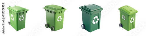 Collection of green recycling bins, designed for eco-friendly waste management and promoting sustainability in urban environments.