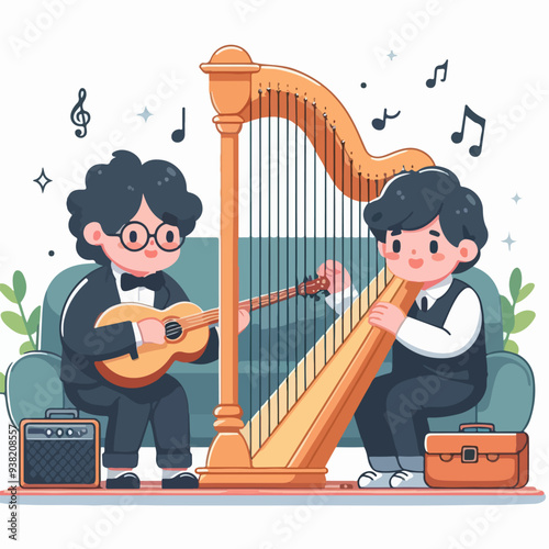 group of music play harp and guitar