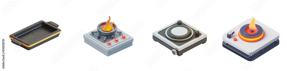 Collection of modern kitchen appliances, including a frying pan, burner, steamer, and induction cooktop, for culinary enthusiasts. Collection of modern kitchen appliances, including a frying pan, burner, steamer, and induction cooktop, for culinary enthusiasts.