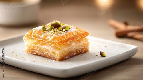 Piece of baklava on a white plate, thin filo dough layers, honey, crushed pistachios.