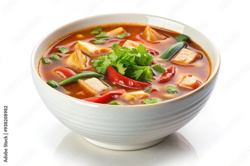 A vibrant bowl of Tom Yum soup, a popular Thai dish, featuring tofu, vegetables, and a spicy, flavorful broth. The soup symbolizes the balance of flavors, textures, and colors that make Thai cuisine A vibrant bowl of Tom Yum soup, a popular Thai dish, featuring tofu, vegetables, and a spicy, flavorful broth. The soup symbolizes the balance of flavors, textures, and colors that make Thai cuisine