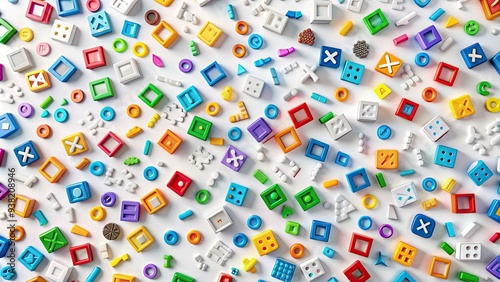 Colorful HTML tags and symbols scattered on a white background, forming a creative and messy pattern, representing the building blocks of web development and coding. photo