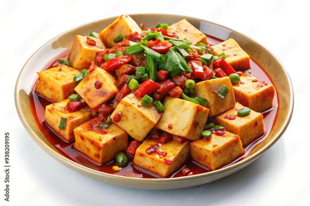 A plate of Mapo Tofu with cubes of tofu, red peppers, green onions, and a spicy sauce. This dish is a popular Chinese classic. A plate of Mapo Tofu with cubes of tofu, red peppers, green onions, and a spicy sauce. This dish is a popular Chinese classic.
