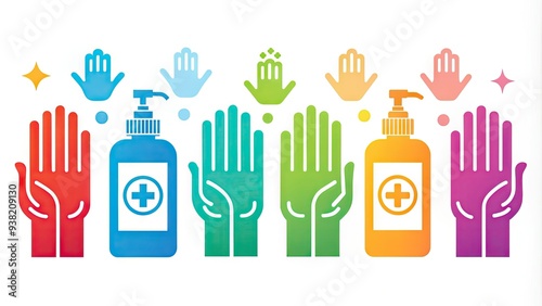 Colorful icons of hands and sanitizers on a white background, emphasizing cleanliness and hygiene, perfect for websites, apps, and health-related promotional materials. photo