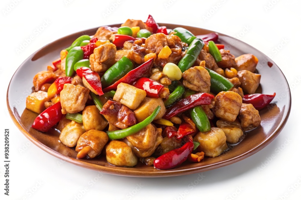 A close-up of Kung Pao chicken, a popular Chinese dish, served on a brown plate. The chicken is stir-fried with peppers, peanuts, and a savory sauce. A close-up of Kung Pao chicken, a popular Chinese dish, served on a brown plate. The chicken is stir-fried with peppers, peanuts, and a savory sauce.