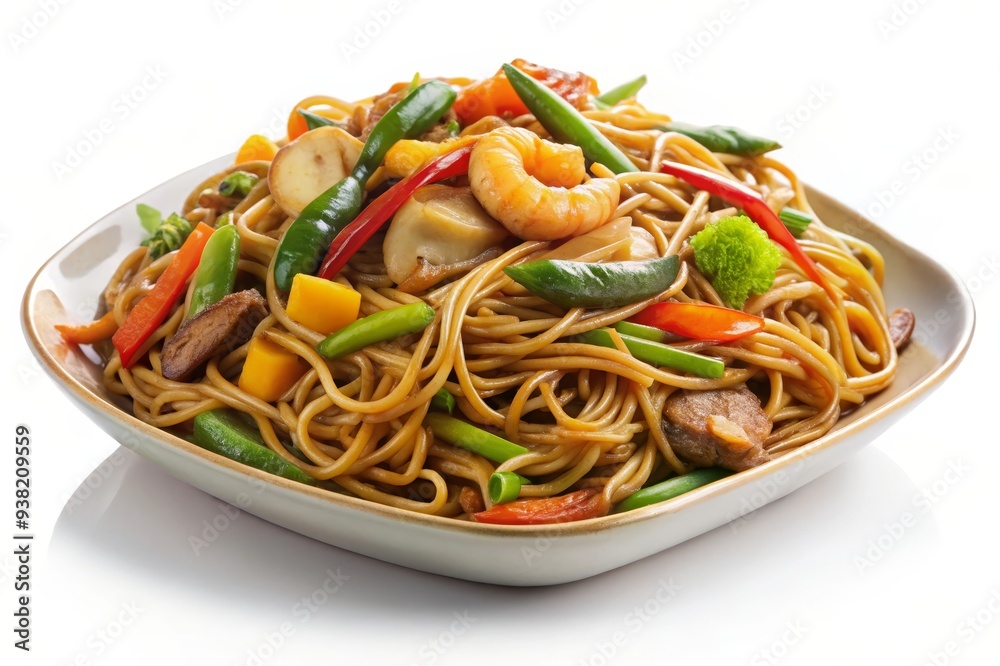 A plate of stir-fried noodles with shrimp, vegetables, and meat, representing a healthy and flavorful Asian cuisine. A plate of stir-fried noodles with shrimp, vegetables, and meat, representing a healthy and flavorful Asian cuisine.