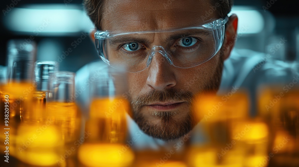Serious male toxicologist examining chemical samples in forensic laboratory, highlighting scientific investigation. Serious male toxicologist examining chemical samples in forensic laboratory, highlighting scientific investigation.