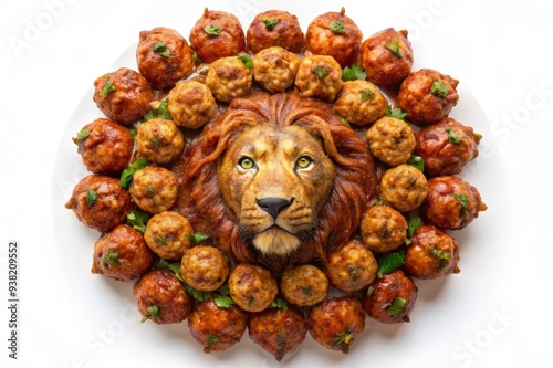 A lion's head sculpted from meat, surrounded by a ring of meatballs, symbolizes the king of the jungle,  a majestic culinary creation, a playful twist on traditional food,  a feast for the eyes and pa photo