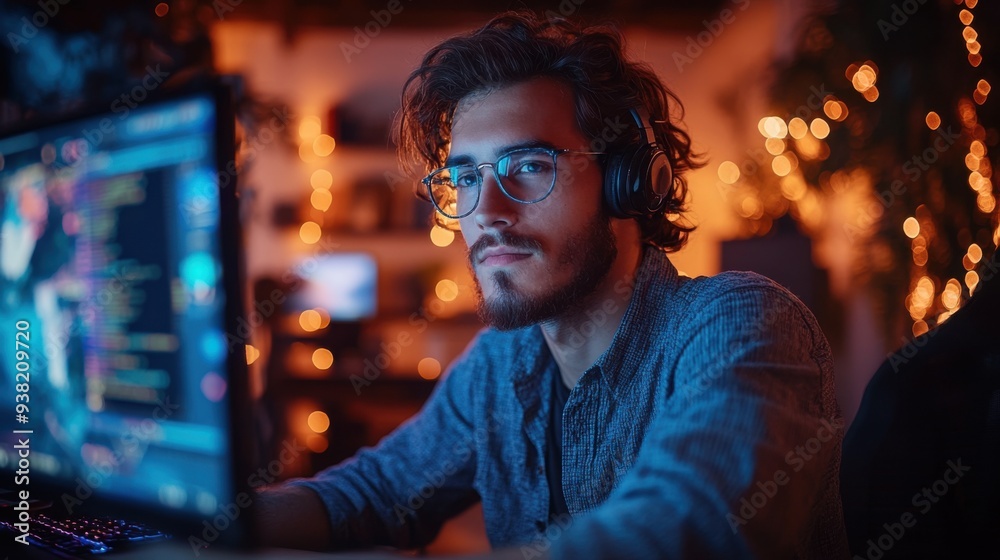 Focused male video game developer coding on computer in creative indoor office setting at night. Focused male video game developer coding on computer in creative indoor office setting at night.