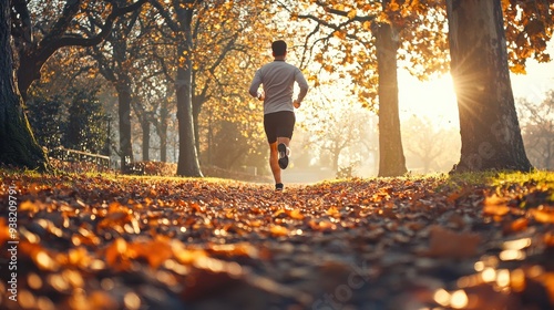 A runner jogs through a park filled with fallen leaves, bathed in the warm glow of the autumn sun. The runner wears bright, autumn-inspired athletic gear.