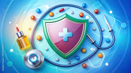 Colorful illustration of a shield protecting a stethoscope, medical charts, and pills, surrounded by circles and arrows, conveying health insurance and medical protection concept. photo