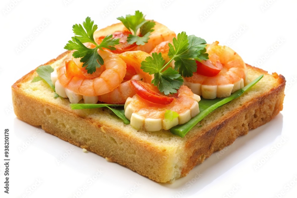 A fresh and flavorful open-faced sandwich featuring succulent shrimp, juicy tomatoes, and vibrant parsley on a toasted bread slice. A fresh and flavorful open-faced sandwich featuring succulent shrimp, juicy tomatoes, and vibrant parsley on a toasted bread slice.