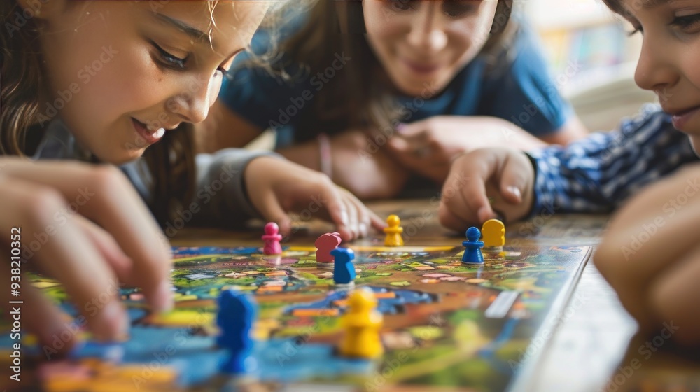 Group of happy children playing a board game together. Concepts. childhood, friendship, fun, learning, and entertainment Group of happy children playing a board game together. Concepts. childhood, friendship, fun, learning, and entertainment