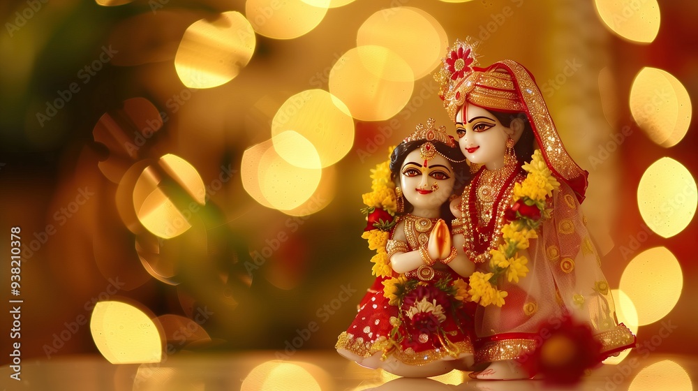 Hindu deities Radha and Krishna in loving embrace bokeh background Hindu deities Radha and Krishna in loving embrace bokeh background