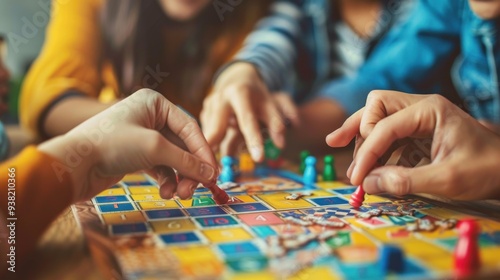 Close up of hands playing board game, friends enjoying fun indoors activity together. Concept of leisure, entertainment, friendship, and togetherness.