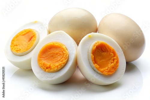 Four fresh, perfectly boiled eggs, two cut in half, showcasing the bright yellow yolk and creamy white. A symbol of breakfast, protein, and healthy eating.