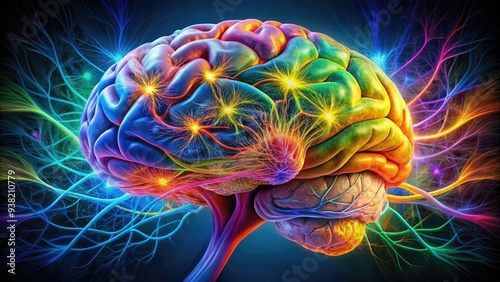 Colorful illustration of the cerebral cortex, showcasing four distinct lobes - frontal, parietal, temporal, and occipital - with detailed neural connections and fibers. photo